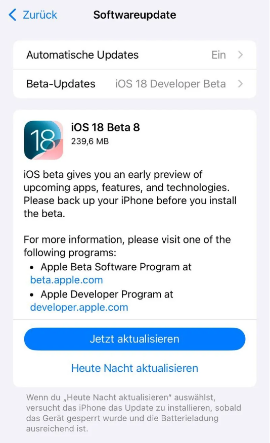 神农架苹果手机维修分享苹果 iOS / iPadOS 18 开发者预览版 Beta 8 发布 